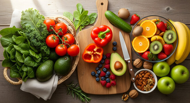 Healthy Eating - Fresh Fruits and Vegetables on Wooden Table. - Powered by Adobe
