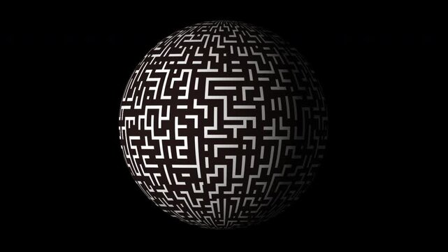 Exploring an intricate maze pattern on a rotating sphere in a dark setting