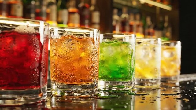 Colorful Assorted Drinks with Ice Cubes in Transparent Glasses on a Bar Counter with Dark Background Liquor Bottles for Beverage Advertisements and Refreshment Themed Content Around the Bar