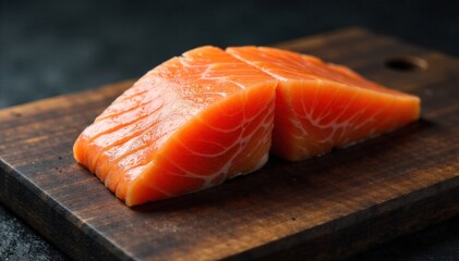 Perfectly Filleted Salmon on a Rustic Wooden Board, Ready for Cooking A single, perfectly filleted raw salmon side, skin on, lying flat on a dark, heavily textured, rustic wooden chopping board. The