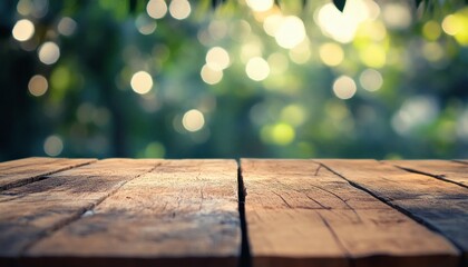 Rustic wooden table against a blurred green background