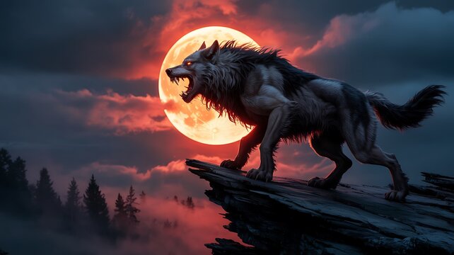 Majestic Wolf Howling at the Enormous Blood Moon Under a Twilight Sky on a Rocky Outcrop Surrounded by Foggy Pines and Mystical Atmosphere