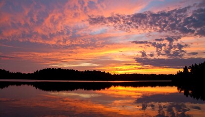 A serene sunset paints the tranquil lake with vibrant hues of orange and purple, reflecting a peaceful evening sky.