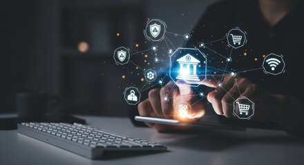 Person using a smartphone with banking and security icons overlaid on the screen interface device