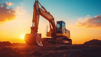 Powerful excavator at work during a breathtaking sunset