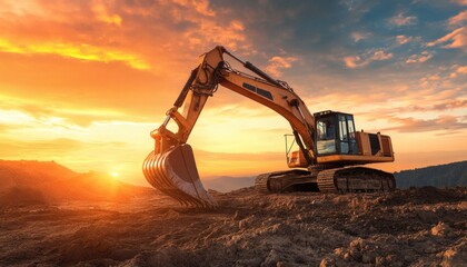 Powerful excavator at work during a vibrant sunset