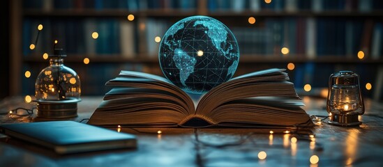 Illuminated globe rests on open book, surrounded by lights and old books.