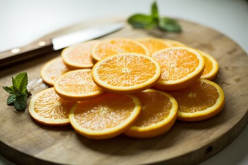 Freshly Sliced Oranges Arranged Artfully on a Rustic Wooden Board Ready for Juicing or Garnishing Food and Drinks
