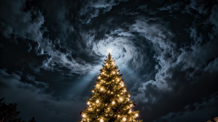 Christmas Tree Under Starry Sky, Mysterious Christmas Night Landscape Picture