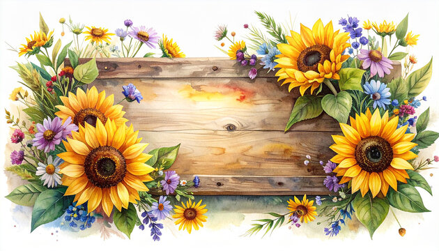 Watercolor sunflowers and wildflowers frame a rustic wooden sign with a bright sky image photo