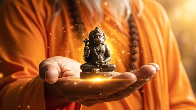 divine hanuman idol glowing in hand