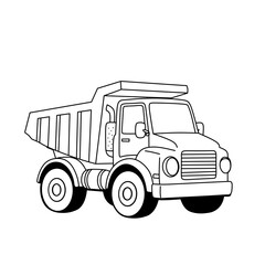 Outline illustration of a dump truck. Simple line art of construction vehicle for coloring book, education, or industrial drawing use. Clean vector contour design