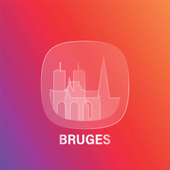 Bruges, Belgium: icon and logo prototype with glass liquid effect. Flat emblem with shapes of landmarks. Concept for mobile app, sticker, web element