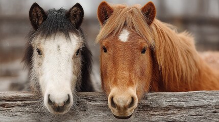 Obraz premium Farm Horses Feeding from Wooden Trough