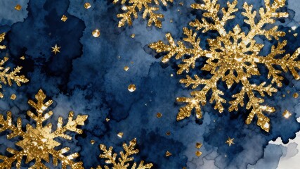 Christmas Decorative Image with Golden Snowflakes on Dark Blue Watercolor