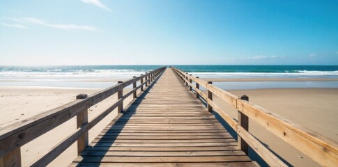 Fototapeta premium Sun Drenched Beach Path A sun drenched wooden boardwalk leading through soft sand dunes towards an expansive, empty beach. The ocean is visible in the distance. Bright, sunny day. No human figures or