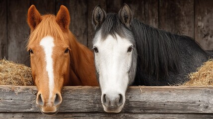 Obraz premium Peaceful Scene of Horses Eating from Trough