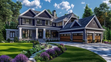 Fototapeta premium Elegant designs and landscaping feature prominently in attractive home facades. 