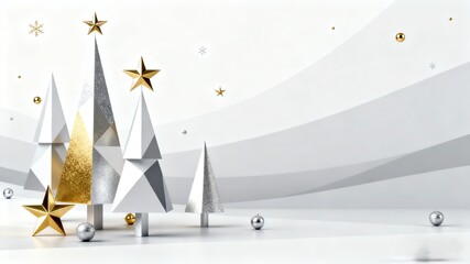 Silver and Gold Christmas Trees with Stars, Winter Abstract Background
