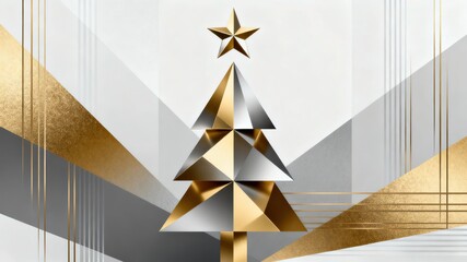 Golden and White Geometric Christmas Tree, Christmas Decorative Image
