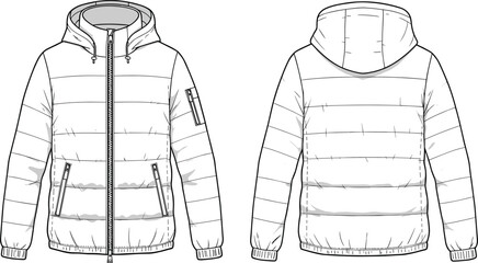 Modern winter puffer jacket technical flat sketch front and back view with hood zipper pockets and detailed stitching design, CAD drawing flat vector illustration © Asif's Creatives
