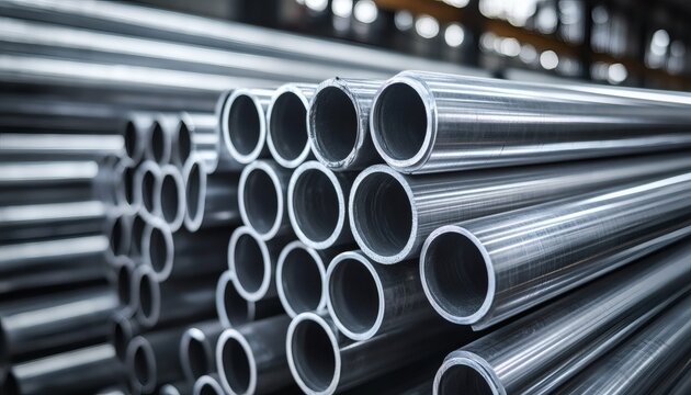 Close-up view of stacked metal pipes in a warehouse
