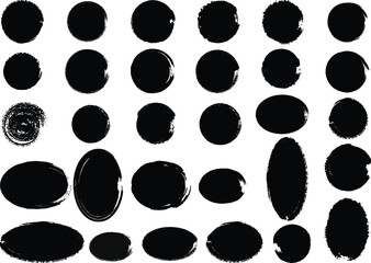 Collection of diverse black abstract organic ink brush stroke circles and oval shapes on a white background