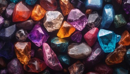 Collection of multicolored gemstones arranged on a dark background