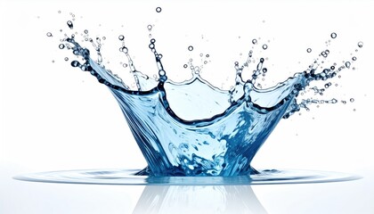 A Clear Blue Water Splash Crown Formation With Droplets Captured In Bright Daylight Against A White Background With Subtle Reflections