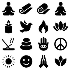 Serene Symbolism: An array of peaceful icons representing mindfulness and spiritual practices, a visual journey into the realms of yoga, meditation, and tranquility. 