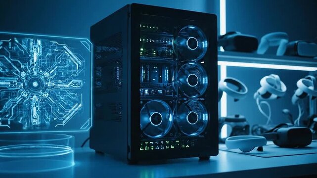 Dark Computer Tower with Cooling Fans against Blue Background with Electronics Glowing Blue Light Technology Display Computer Hardware Setup and VR Headsets on a Shelf around