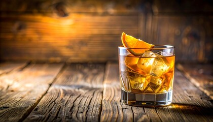A refreshing cocktail with ice and orange slice, set on a rustic wooden surface.