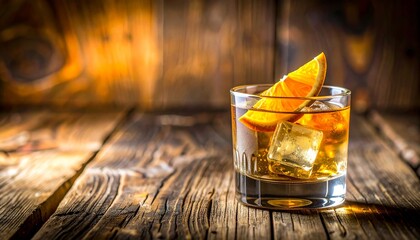 A refreshing cocktail with ice cubes and orange slice, on a rustic wooden surface.