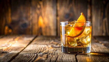 A refreshing cocktail with ice and orange slice, on a wooden surface.
