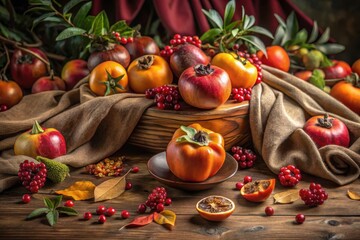 Autumnal Still Life Featuring Vibrant Fruits and Berries Arranged on Wooden Surface with Soft Fabric Drape
