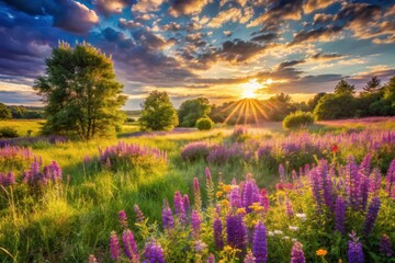 Serene Sunset over a Vibrant Wildflower Meadow, Bathed in Golden Light and Majestic Clouds