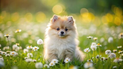 A fluffy young canine companion sits serenely amidst a vibrant meadow of blooming wildflowers, bathed in the warm glow of the sun.