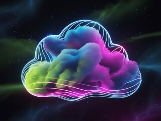Abstract representation of a colorful fluffy cloud surrounded by glowing neon wireframe lines against a dark cosmic background with distant nebulae and faint stars