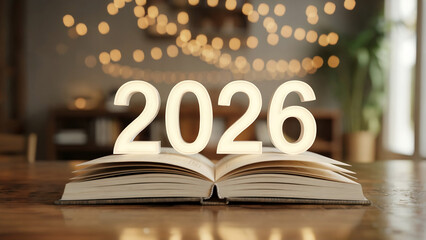 Glowing 2026 numbers emerging from an open book with golden bokeh lights, symbolizing the start of a new year, creativity, imagination, and storytelling inspiration