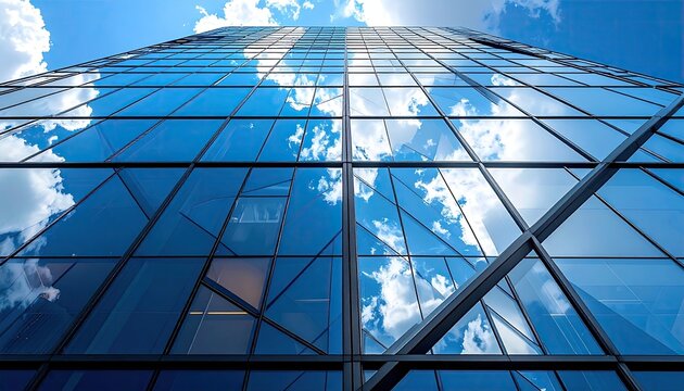 Modern High Rise Skyscraper Construction Site with Blue Sky and Clouds Reflected in Glass Facade