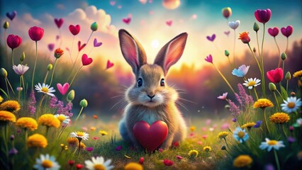 A sweet bunny holding a heart amidst a vibrant, colorful meadow at sunset