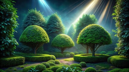 Serene Garden Path Illuminated by Sunbeams Through Lush Greenery and Ornate Shrubs