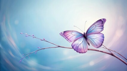 Serene Lavender Butterfly Resting on a Delicate Branch Against a Soft, Dreamy Sky