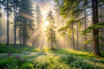 Sunbeams Illuminate a Mystical Forest Meadow with Delicate White Flowers and Towering Evergreen Trees