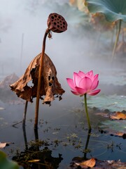 Ink - wash Painting of Withered and Pink Lotus