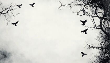 Silhouettes of birds and bats against a pale sky and bare branches