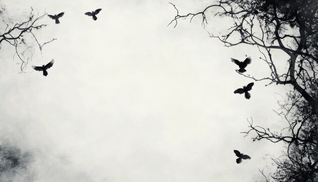 Silhouettes of birds and bats against a pale sky and bare branches - Powered by Adobe