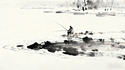 Ink - wash Painting of Fishing on River