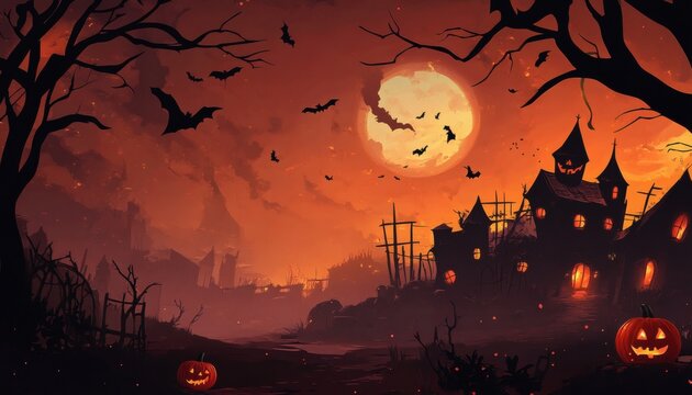 Spooky halloween night scene with haunted house