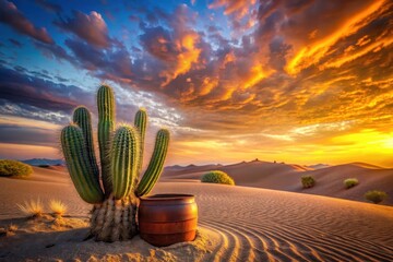Desert Sunset A Barrel at the Base of a Majestic Cactus Amidst Rolling Sand Dunes